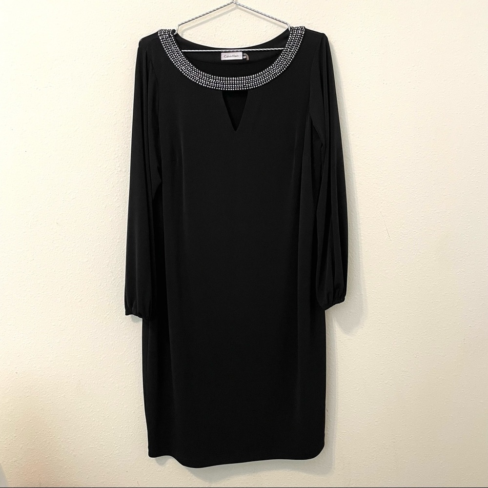 Calvin Klein Black Dress, Rhinestone Collar, 14W